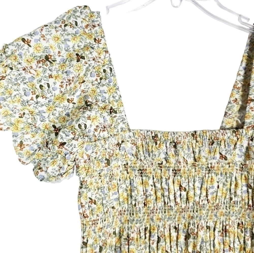 STORIA smocked floral ruffle mini dress yellow NWT